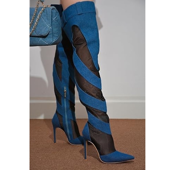 Cape Robbin Shoes - •CAPE ROBBIN• “Mandali” Mesh Denim Thigh High Boots - Blue & Black // NIB